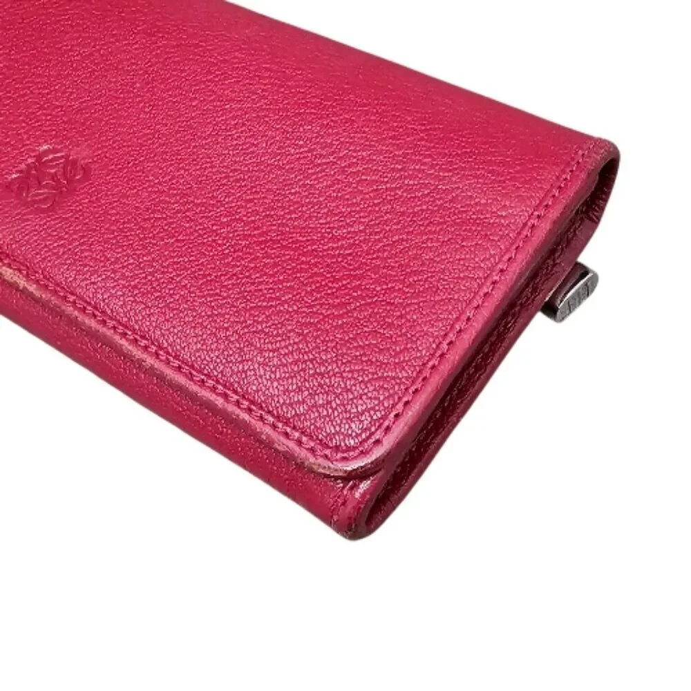 Loewe Pebble Leather Flap Snap Long Red Berry Bi-fold Clutch Continental Wallet